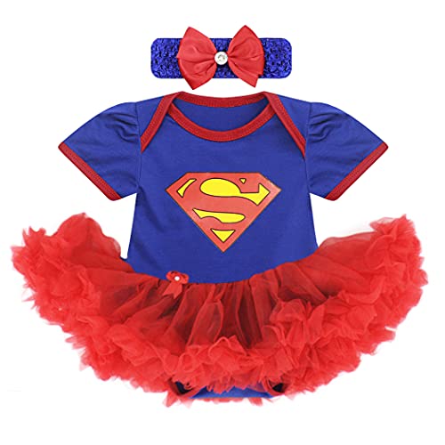 Image of Symunnia Toddler Baby Cotton Summer Cute Romper Bodysuit Tulle Tutu Skirt Jumpsuit with Headband (0-3 Months,Blue)