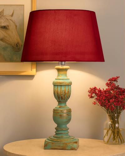 Image of Homesake Handcrafted Wooden Table Lamp for Living Room & Bedroom | Bedside Table Lamp with Fabric Shade|Included Bulb|Rustic Algae French Trophy Wood, Decorative Night Lamp for Home Decor, Red