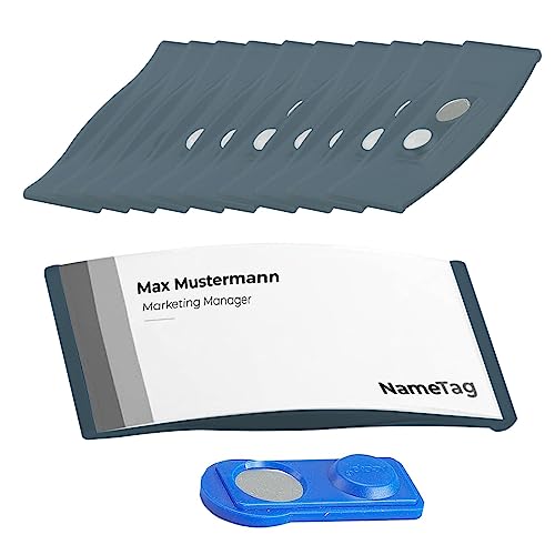 Ironix Etiquetas com íman duplo, etiquetas para nome de roupa, 75 x 32 mm, placas magnéticas para feiras, conferências ou apresentações, placas magnéticas para escrever (10 unidades, cinzento)