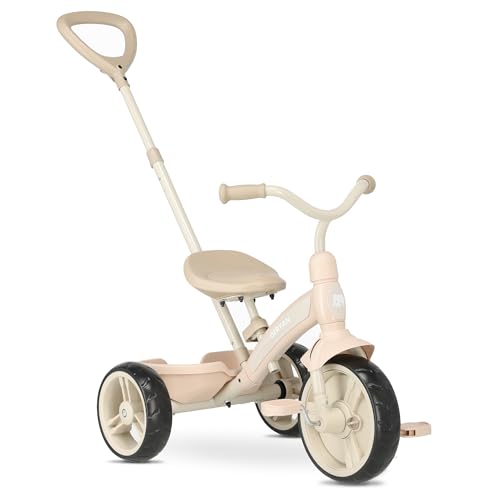 Deryan Triciclo bebé Wanderer 3 en 1 para niños de 2 a 6 años (máx. 25 kg), Bicicleta evolutiva, Cochecito con Pedales, Triciclo Plegable, diseño neerlandés, con Almacenamiento (Beige)