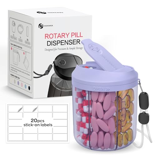 Image of Hionxmga Pill Organizer with 7 Large Compartments, Pill Dispenser 4.4 inch H x 3.6 inch Dia for Travel, Supplement Organizer with Anti-Mixing Design, BPA-Free Pill Container with 20 Pcs Labels, Purple