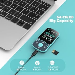 AGPTEK 64GB Lettore MP3 Running, Lettore MP3 con Clip Bluetooth 5,3, MP3 Player Sport Mini Portatile, Contapassi Integrata, Radio FM, Registrazione, Lettura E-Book, Slot TF Fino a 128 GB (Blu)