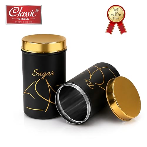 Image of Classic Steels Premium Long Tea & Sugar Canister Set (850ml) (Black) | Airtight Kitchen Canisters Stainless Steel Storage Jars with Gold Lid & Label | Matte Finish Kitchen Storage Container Set