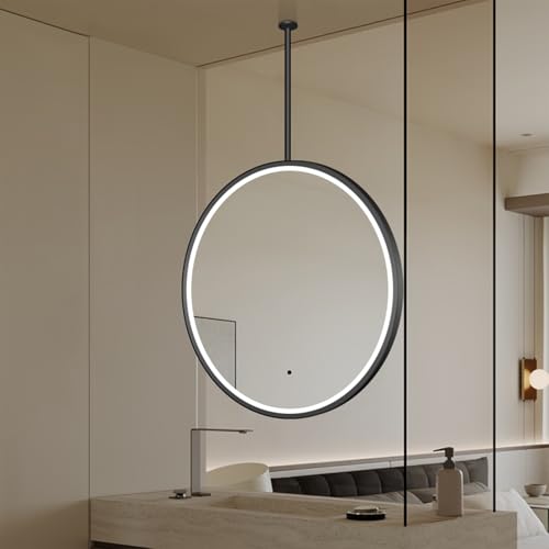 Espejo LED de Marco de Metal Negro Espejo de Pared Circular Grande Espejos de tocador con Barra para Colgar en el Techo, Espejo de baño Inteligente, luz de 3 Colores dimmables(Diameter-70CM/27.6INCH)