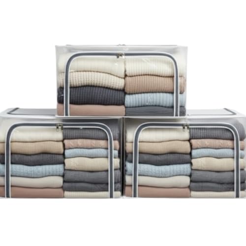 Image of RENVA 3PCS polycotton Clothes Storage Organizer Bins, Foldable Storage Bins-Cloth Steel Frame Storage Box with Foldable Clear Window & Reinforced Handles 50 * 40 * 30CM (Transparent, 66L-3)