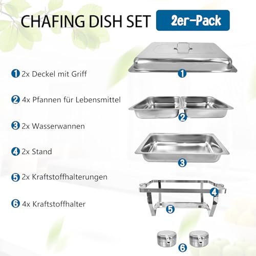 Jacgood Chafing Dish Edelstahl Buffet-Set Warmhaltebehälter Speisenwärmer Wärmebehälter Rechaud für Catering, Buffet und Party (2 Set 1x2 GN-Behälter) – Bild 6