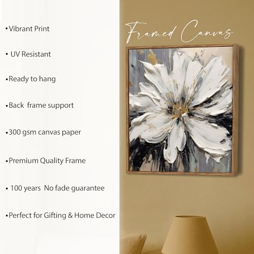 Image of PAINTINGMANTRA Abstract White Flower Framed Painting For Living Room | Modern Impasto Floral Large Canvas Painting With Frame Wall Art For Bedroom, Hallway's, Office, Hotel, Size 58x58 cm