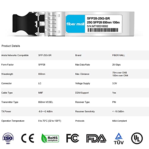 Image of 25G SFP28 SR for Arista Networks SFP-25G-SR,Compatible 10 /25GBASE-SR SFP28 850nm 100m DOM LC MMF Optical Transceiver Module