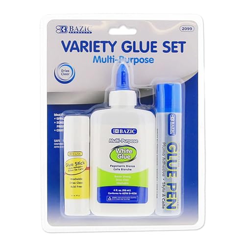 BAZIC White Glue 4oz., Clear Glue 1.7oz., Glue Stick 0.7oz.,