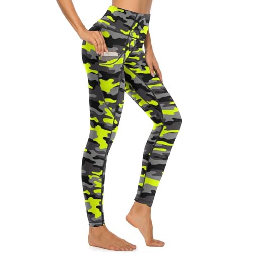 Pantalon de yoga avec poches femme imprimé camouflage vert et gris legging sport extensible