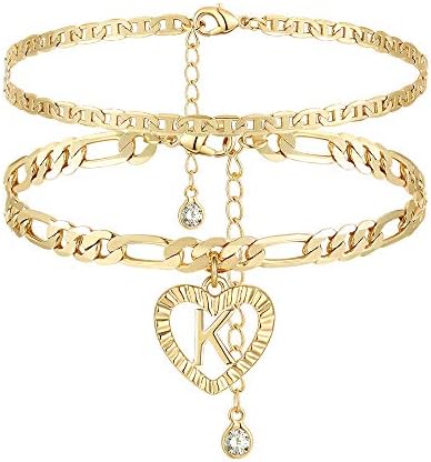YANODA Initial Ankle Bracelets for Women 14K Gold Plated Layered Figaro Chain Letter Initial Anklets Handmade Layered Heart Ankle Bracelets Personalized Gifts for Women Teen Girls K