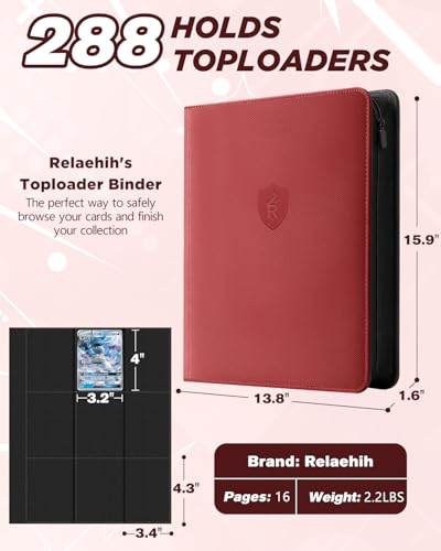 Image of 9 Pocket Top Loader Binder with Zipper - Holds 288 Toploaders - Premium Double-Sided Card Album for Trading Cards, TCG, MTG, Sports Cards (Red)