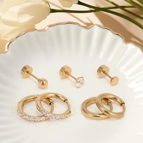 Hypoallergenic Flat Back Earrings Set for Women Men Multiple Piercing Ears Small 14K Gold Cartilage Hoop Earrings 316L Surgical Stainless Steel Tiny Cubic Zirconia Stud Earrings Round Ball Stud Earring UNISEX2