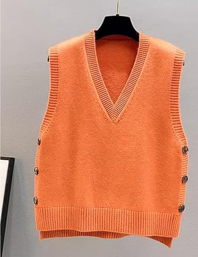 Image of Womens Knit Sweater Vest Side Button Down Pullover Sleeveless V Neck Knit Sweater Vest(0312-Orange-L)