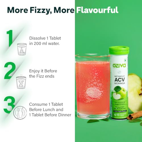 OZiva ACV Moringa | Control Cravings I Apple Cider Vinegar, Cinnamon, Guggul I No Maltodextrin & No Added Sugar I 15 Effervescent Tablets - Green Apple, Pack of 4 (60 tablets) (Image - 6)