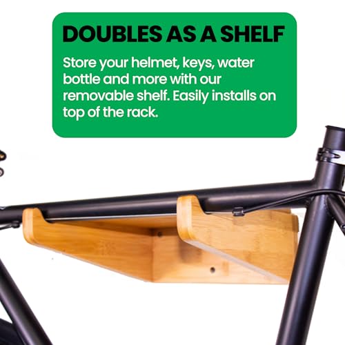 Image of COR Bamboo Bike Wall Mount Rack w /Shelf, Indoor Bicycle Storage | Silicone-Padded Hooks, Holds 40lbs, Fits Oval Frames, Doubles as Shelf, Sustainable Bamboo, Stud-Mount Hardware Included