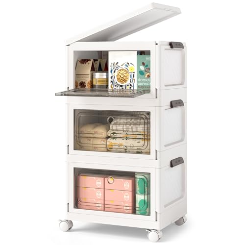 COSTWAY Set da 3 Contenitori Impilabili, Scatole Pieghevoli da 75/105 L con Ruote Bloccabili Porta e Coperchio, Organizzatori per Armadio, Multiuso per Casa Dormitorio (41 x 31,5 x 72,5 cm)
