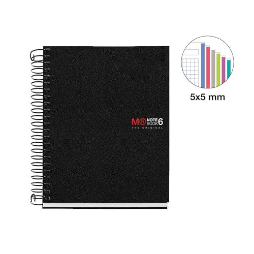 Image of Miquelrius - The Original A6 Notebook, 6 Coloured Stripes, Opaque Polypropylene Cover, Size 105 x 148 mm, No Drilling, 150 Sheets of 70 g /m, 5 mm Square, Black