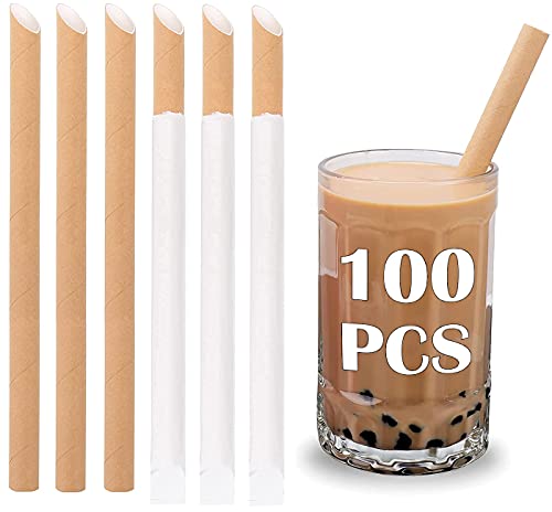 100 Stück Real Bubble Tea Strohhalme aus Papier - Boba Papier Strohhalme einzeln verpackt - Spitze Trinkhalme aus Kraftpapier - Einweg-Strohhalme - Biologisch Abbaubare thumbnail