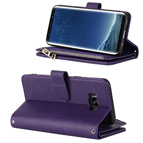 Jaorty Samsung Galaxy S8 Wallet Case,[9 Card Slots] Removable Adjustable Crossbody Necklace Lanyard Shoulder Strap Zipper Magnetic Leather Case For Samsung Galaxy S8,5.8 Inch Purple #TOP2