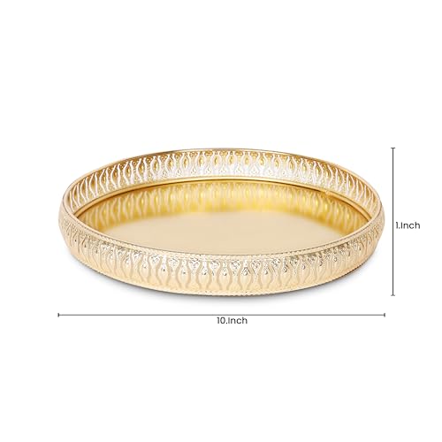 Image of R Ayurveda Copper Decorative Golden Alloy Tray - 10 inches Round Vanity Organizer for Jewelry, Makeup, Perfume | Elegant Vintage Metal Tray for Bathroom, Dresser, or Gift Decor