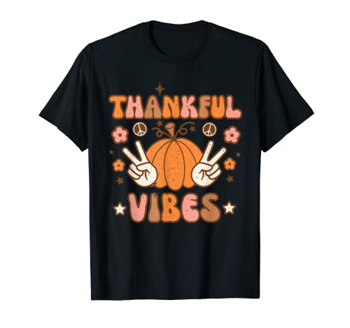 Agradecido Vibes Retro Groovy Acción de Gracias Otoño Otoño Hippie Camiseta