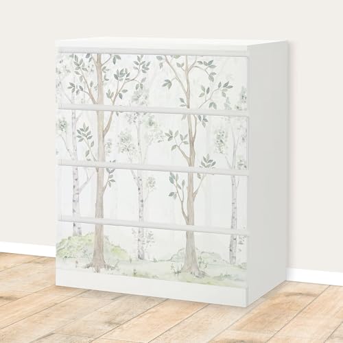 Unik Nordic Aufkleber Set Birkenwald Aquarell für MALM Kommode mit 80 cm Schrankbreite, 4 Schubladen-Folien, Sticker für Schrank, Möbelfolie fürs Kinderzimmer, Schrankfolie für Kinder
