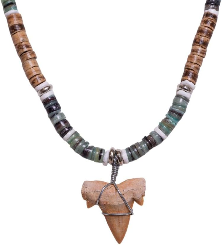 BlueRica Fossil Shark Tooth on Coconut & Shell Beads Necklace (18" 2S)