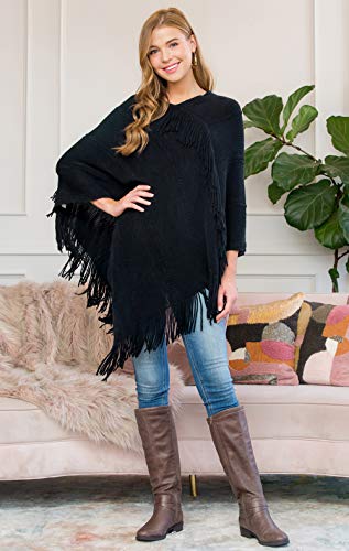 Classic Soft Knit Poncho Shawl Wrap - Basic Warm Pullover Fringe Tassel Sweater Chunky Crochet, Plain V-Neck2