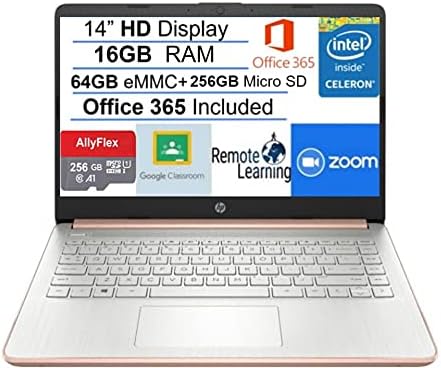 2021 el ordenador portátil HP Stream HD SVA de 14 pulgadas, procesador Intel Celeron N4000, 16 GB de RAM, 320 GB de espacio (64 GB eMMC+256 GB MSD), Office 365, HDMI, USB-C, Windows 10, Rose Gold, AllyFlex MP, clase en línea 🥇✔️ ® A Pedido 🏆™