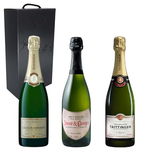 Pack Champagne & Cava | Louis Roederer, Taittinger Brut y Juvé & Camps | Caja Regalo Gourmet x3 Botella de Champan y Cava | Envío Rápdio | Mejor Selección ENOVINOS
