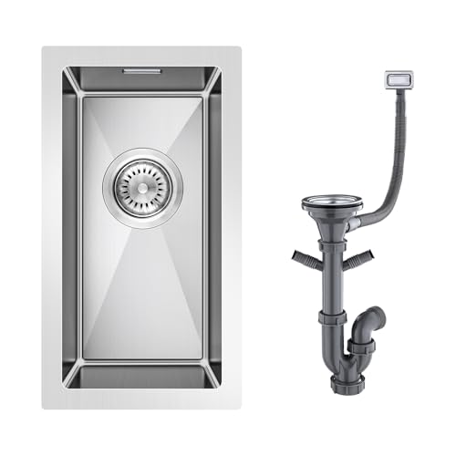 Fregadero KINKIBOS de acero inoxidable 304, 25 x 45 cm, fregadero pequeño de acero inoxidable, fregadero con desagüe (sin orificio para el grifo), fregadero de cocina de 1 cubeta rectangular