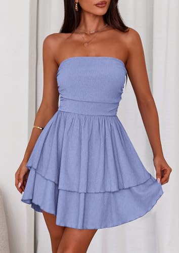 Image of PRETTYGARDEN Women's 2026 Summer Strapless Tube Mini Dress Off Shoulder Smocked Ruffle A Line Flowy Short Party Club Dresses
