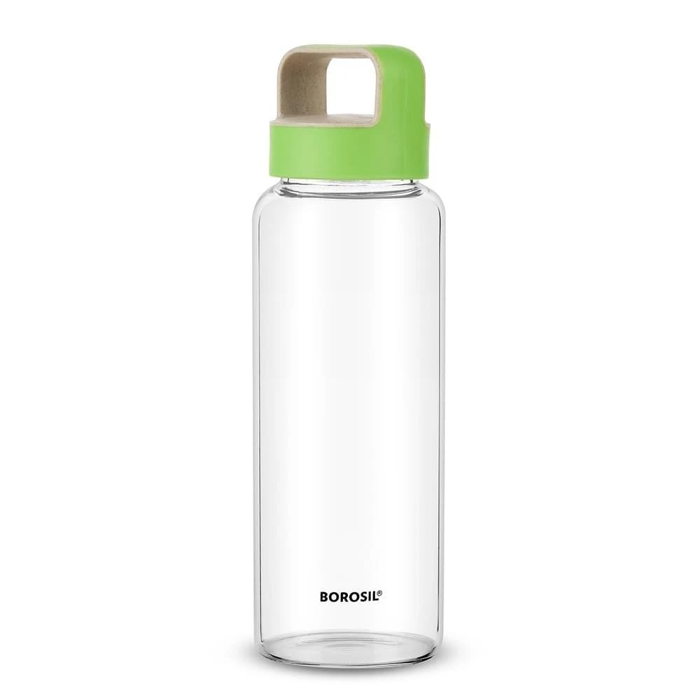 Nobel Green Lid With Handle Borosil Glass Water Bottle, 1000Ml, Wide Mouth, Leakproof Borosilicate Glass, Microwave Safe (Green Lid With Handle)