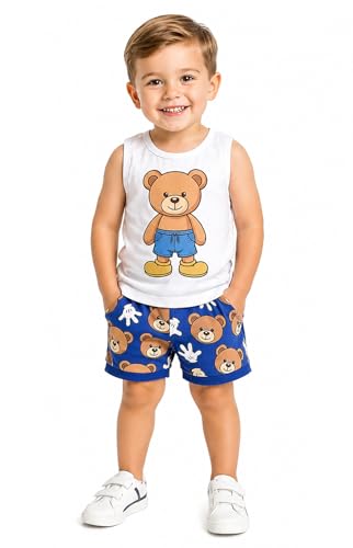 Image of Bold N Elegant Random Cartoon Printed Adventure Sleeveless Vest T-Shirt Shorts Knicker Half Pant Clothing Set for Infant Toddler Baby Boy | Summer Wear for Kids