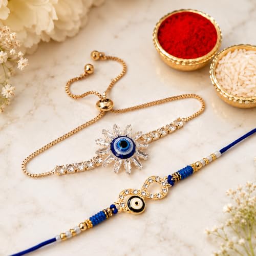 Image of CraftVatika Evil Eye Bracelet Rakhi Set for Brother Bhaiya Bhabhi Set of 2, Rakhis for Rakshabandhan, Hand Bracelet Rakhi for Bhabhi, Infinitive Evil Eye Rakhis for Men Brother with Best Wishes Card,Tilak set