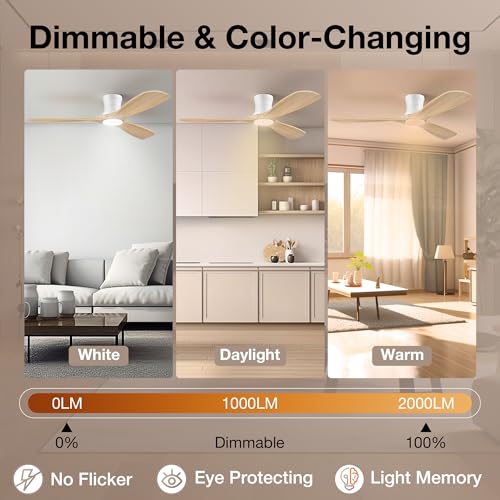Image of 52 inch Wood Low Profile Ceiling Fans with Lights Remote,Flush Mount,Smart