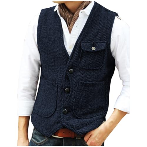 Casual Men's Vests Herringbone Tweed Vest Retro Wedding Travel Workwear Waistcoat V Neck Button down Suit Vest