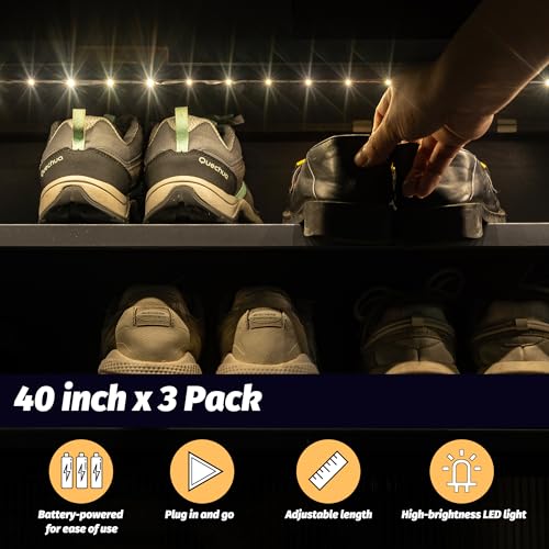Image of Battery Powered Under Cabinet Lighting, Wireless LED Strip Lights for Kitchen Under Cabinet Shelves Under Counter Closet Cordless Click Light (Warm White, 3 Pack)