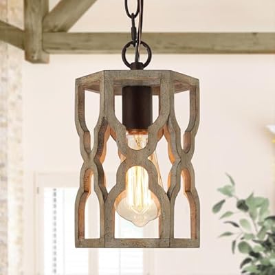 KSANA Farmhouse Wood Pendant Light, Cage Lantern Hanging Light Fixture for Kitchen Island, Foyer, Hallway, Bedroom and Entryway