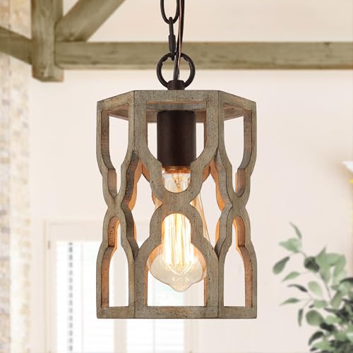 Image of KSANA Farmhouse Wood Pendant Light, Cage Lantern Hanging Light Fixture for Kitchen Island, Foyer, Hallway, Bedroom and Entryway