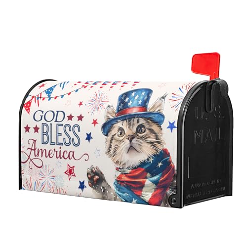 Image of 4th of July Cat Mailbox Cover Magnetic Standard Size God Bess America Flag Stars Patriotic Firework Mailbox Wrap Letter Post Cover 21x18 Inch for Garden Yard Outside Outdoor Decor