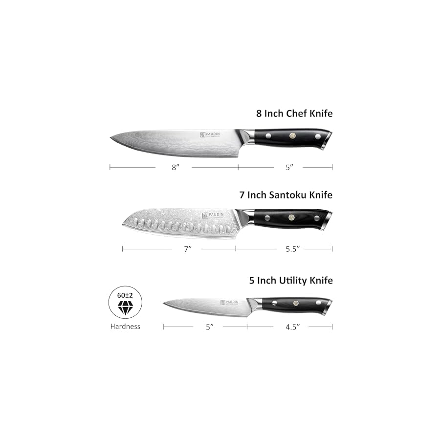 PAUDIN Damascus Knife Set 3 PCS, Kitchen Knife Set with Japanese VG10 Steel Core, Ultra Sharp Chef Knife Set with Full Tang G10 Handle, Damascus Kitchen Knives