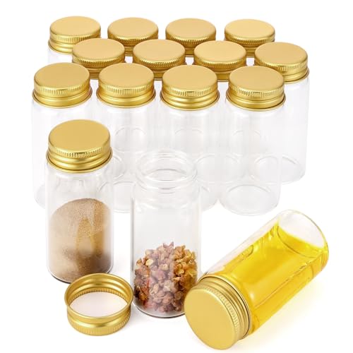 JIUWU 15-Pack Glass Bottles,60mL Small Bottles, 37x80mm 2oz Gold-Cap Jars with Lids, Mini Liquor & Spell Jars for Storage
