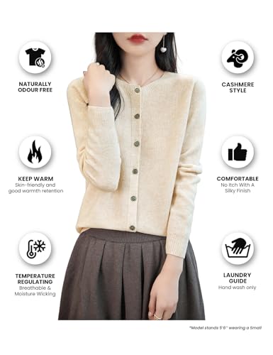 Women's Crewneck 100% Merino Wool Sweater 2025 Spring Fall Solid Long Sleeve Seamless Knitted Cardigan Sweater3