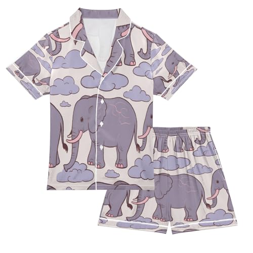 Satin Pajama Sets Short Sleeve Elephant Clouds Pattern Button Down Silky Nightwear 2 Piece PJS 5-14Y
