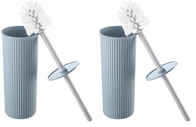 Image of Superio Ribbed Collection - Decorative Plastic Toilet Bowl Brush and Holder Set, Blue (2 Pack) Cleaner Scrubber for Bathroom