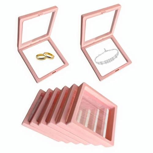 Image of Floating Display Frame, Coin Display Case, Dustproof PE Film Transparent Jewelry Storage Box for Ring Necklace Bracelet, Floating Display Case for Coin, Jewelry per Availability (Medium Pink 10pcs)