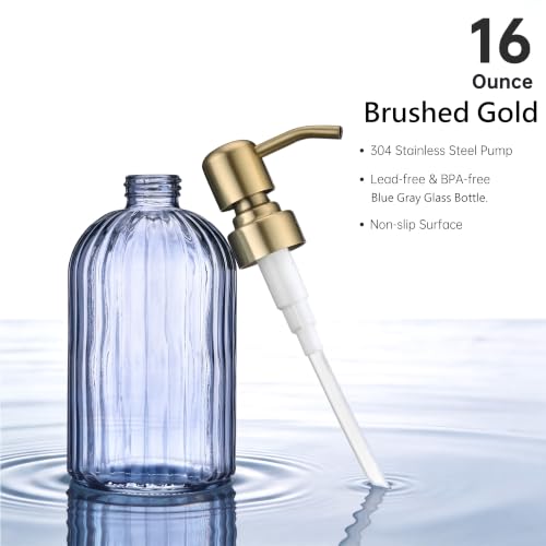 Image of 16 OZ Blue Grey Striped Glass Soap Dispenser with Brushed Gold Pump