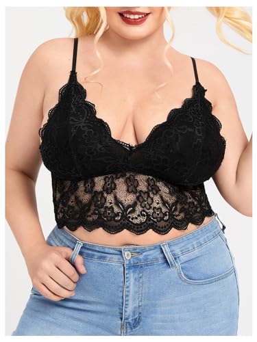 Image of SOLY HUX Women's Plus Size Sexy Floral Lace Scalloped Trim Wireless Bra Adjustable Strap V Neck Everyday Bralette